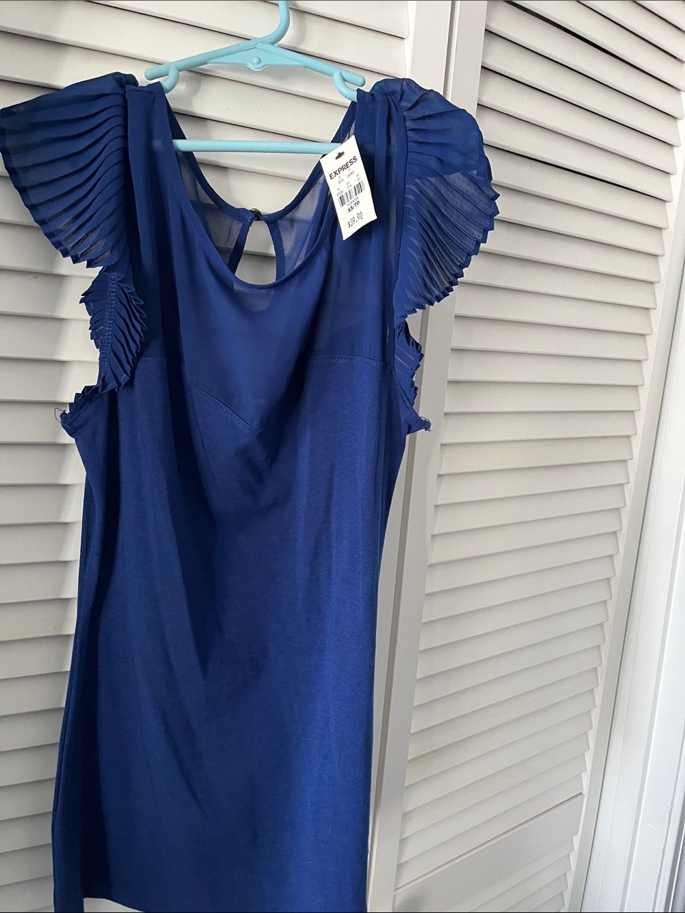 New Express Royal Blue Flutter Pleated Sleeve Blouse